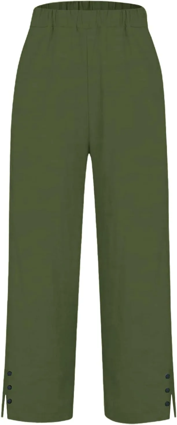 Cotton Linen Capris Pants for Women Casual Summer Straight Wide Leg Stripe Drawstring Elastic Waist Crop Trousers
