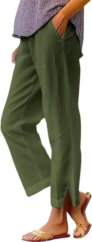 Cotton Linen Capris Pants for Women Casual Summer Straight Wide Leg Stripe Drawstring Elastic Waist Crop Trousers