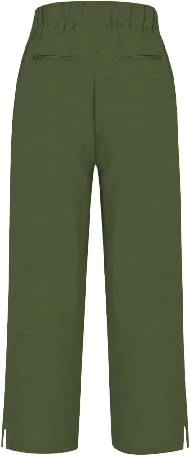 Cotton Linen Capris Pants for Women Casual Summer Straight Wide Leg Stripe Drawstring Elastic Waist Crop Trousers