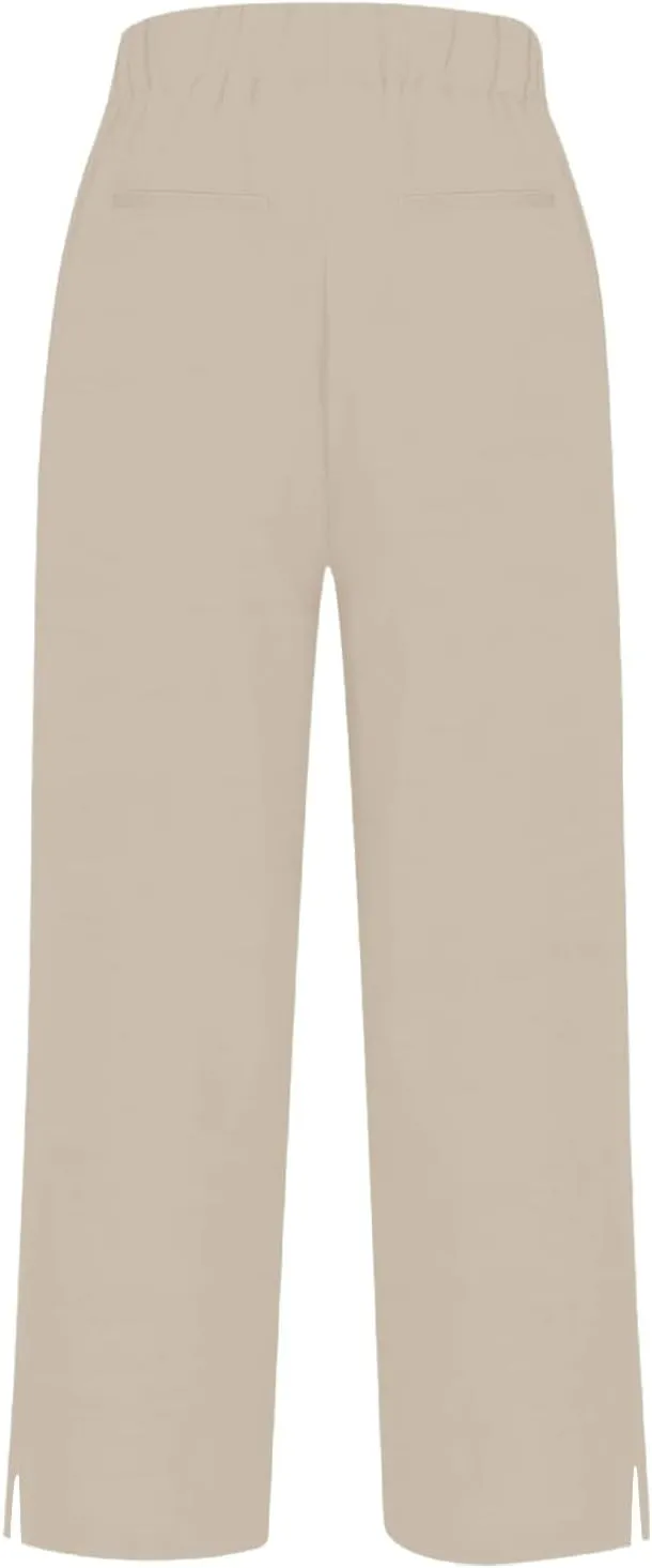 Cotton Linen Capris Pants for Women Casual Summer Straight Wide Leg Stripe Drawstring Elastic Waist Crop Trousers