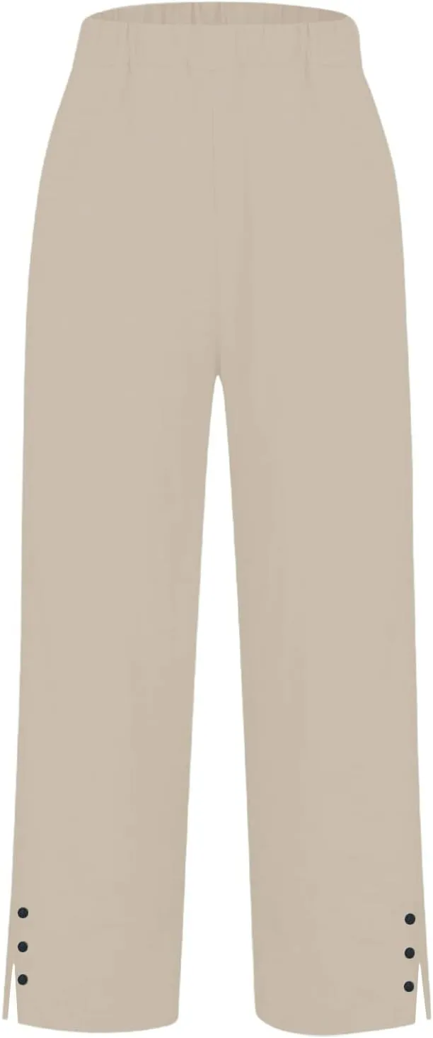 Cotton Linen Capris Pants for Women Casual Summer Straight Wide Leg Stripe Drawstring Elastic Waist Crop Trousers
