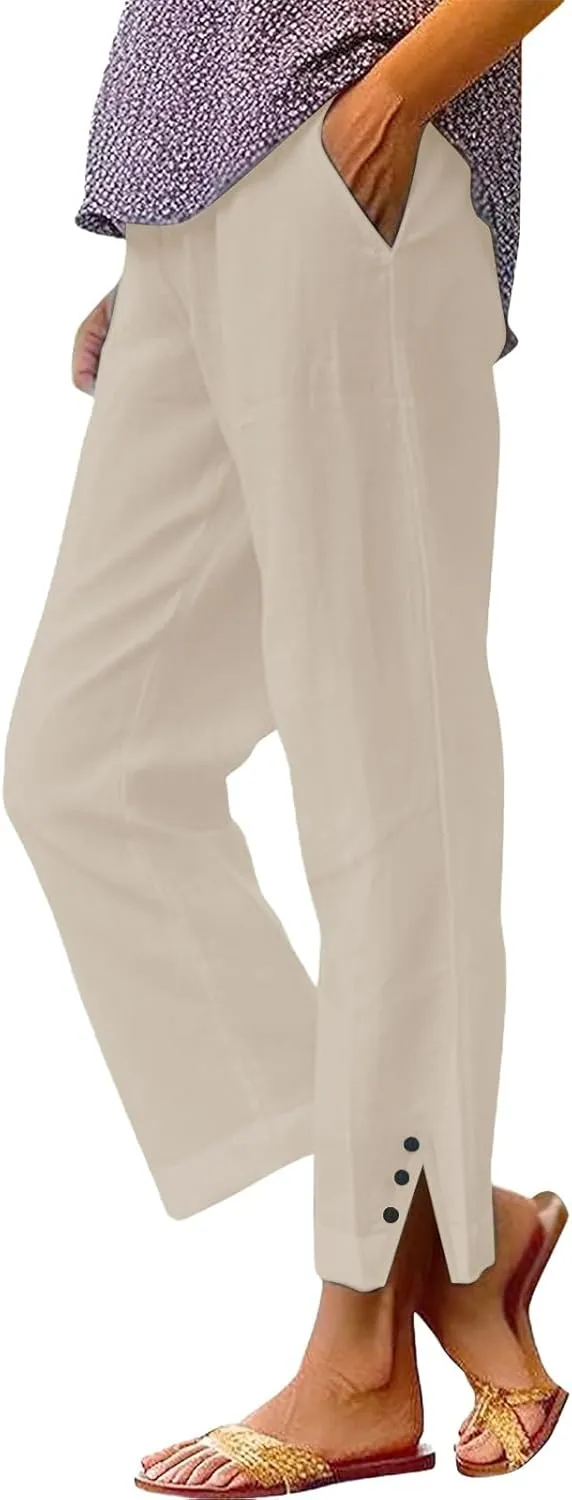 Cotton Linen Capris Pants for Women Casual Summer Straight Wide Leg Stripe Drawstring Elastic Waist Crop Trousers