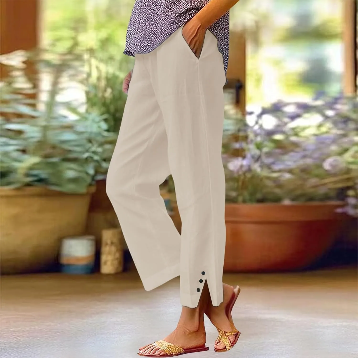 Cotton Linen Capris Pants for Women Casual Summer Straight Wide Leg Stripe Drawstring Elastic Waist Crop Trousers