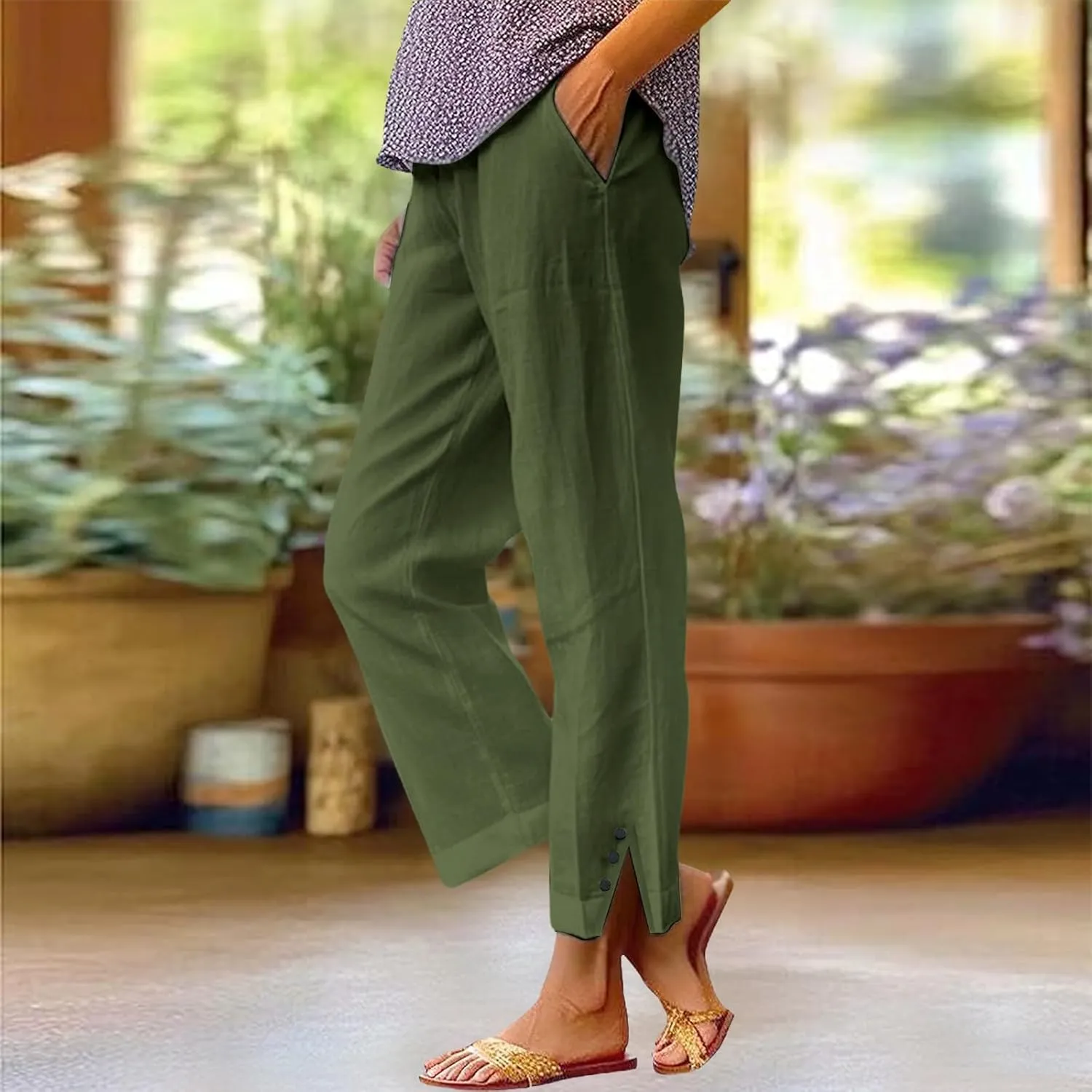 Cotton Linen Capris Pants for Women Casual Summer Straight Wide Leg Stripe Drawstring Elastic Waist Crop Trousers