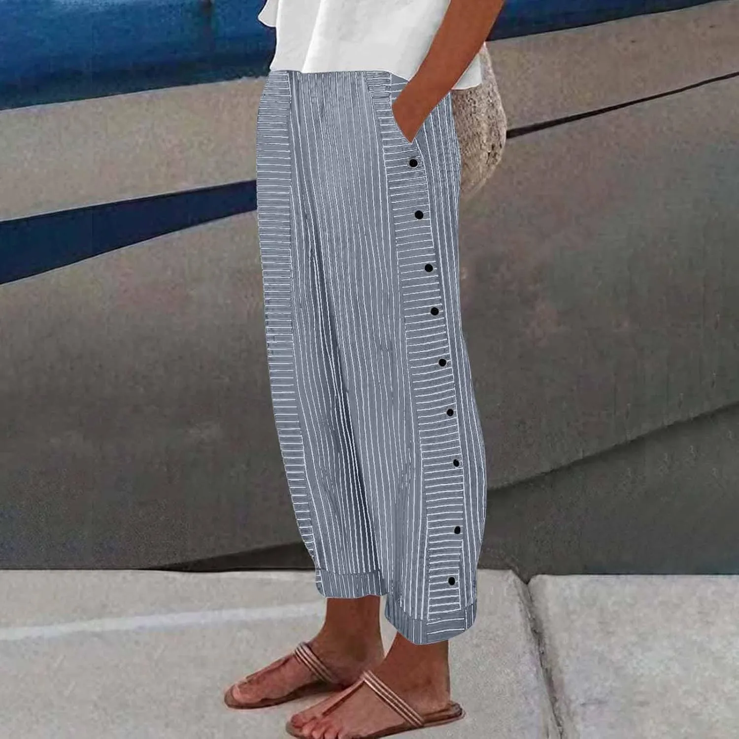 Cotton Linen Pants for Women Casual Straight Leg Elastic Waist Trousers Stripe Print Beach Lounge with Pockets