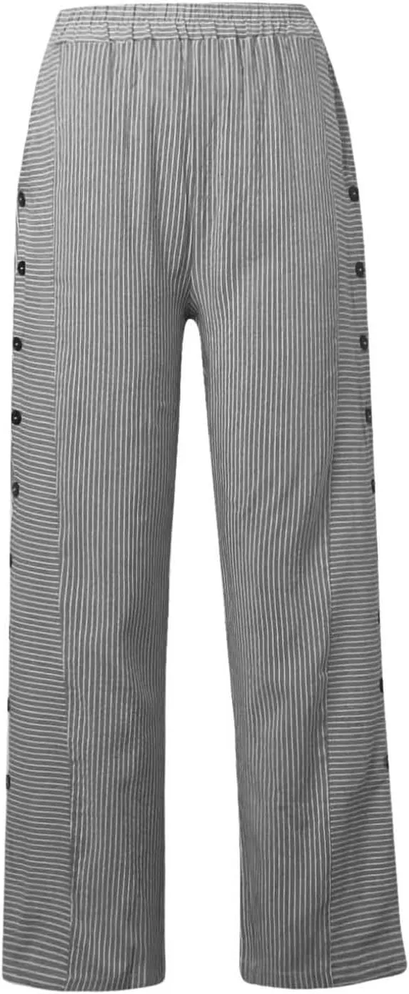 Cotton Linen Pants for Women Casual Straight Leg Elastic Waist Trousers Stripe Print Beach Lounge with Pockets