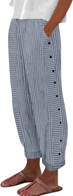 Cotton Linen Pants for Women Casual Straight Leg Elastic Waist Trousers Stripe Print Beach Lounge with Pockets