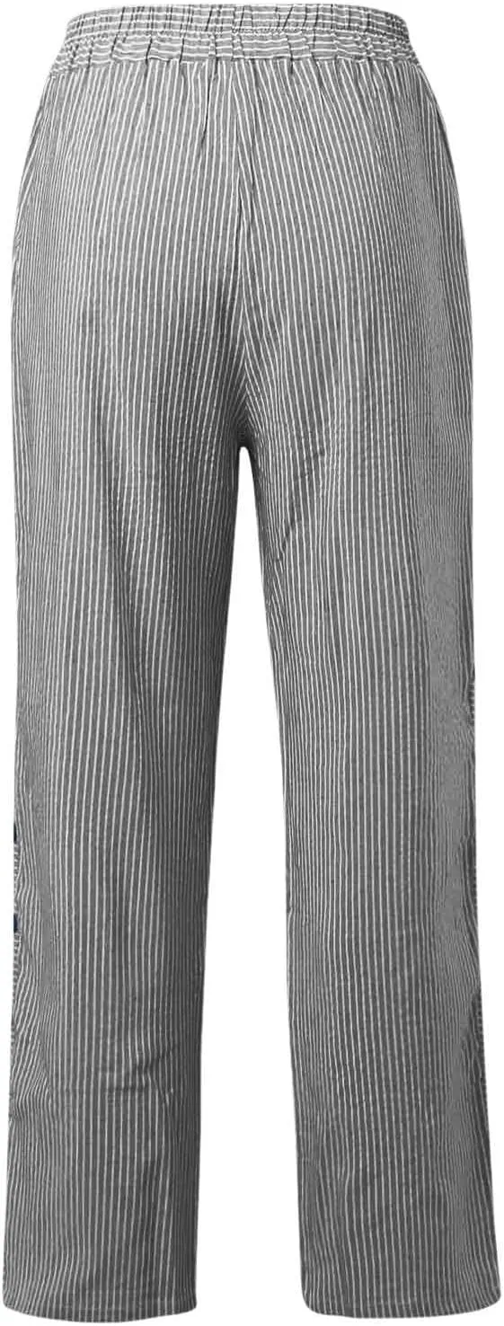 Cotton Linen Pants for Women Casual Straight Leg Elastic Waist Trousers Stripe Print Beach Lounge with Pockets