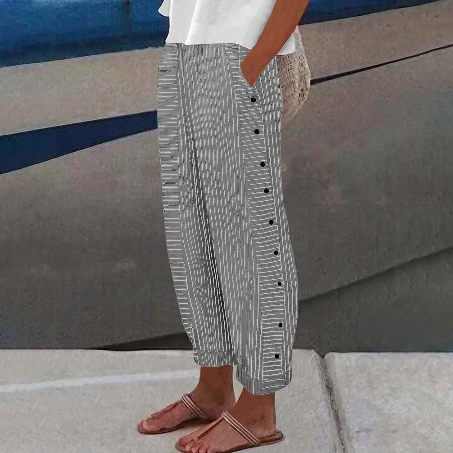 Cotton Linen Pants for Women Casual Straight Leg Elastic Waist Trousers Stripe Print Beach Lounge with Pockets