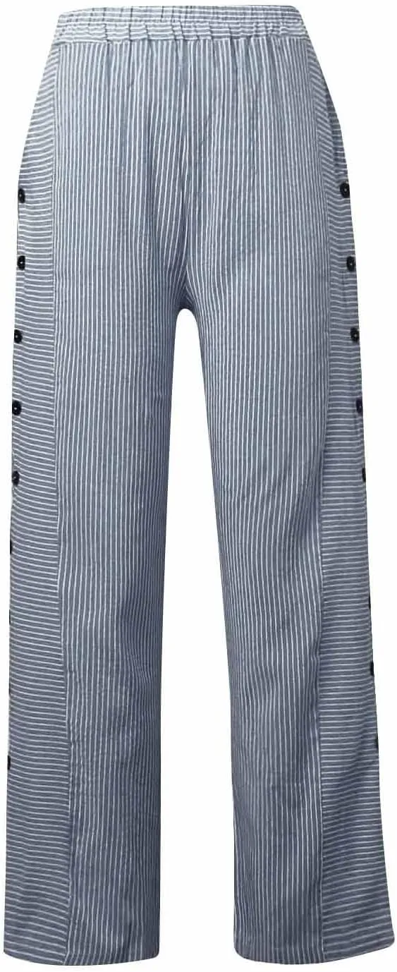 Cotton Linen Pants for Women Casual Straight Leg Elastic Waist Trousers Stripe Print Beach Lounge with Pockets