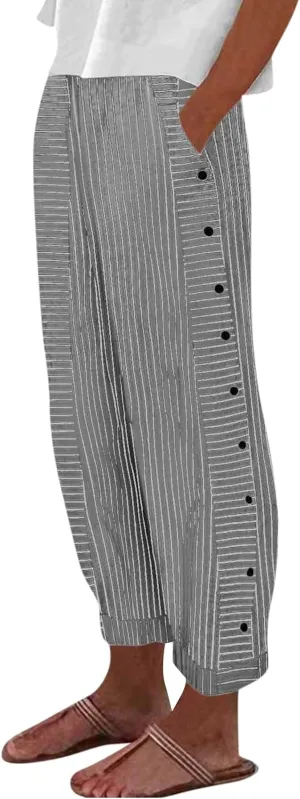 Cotton Linen Pants for Women Casual Straight Leg Elastic Waist Trousers Stripe Print Beach Lounge with Pockets