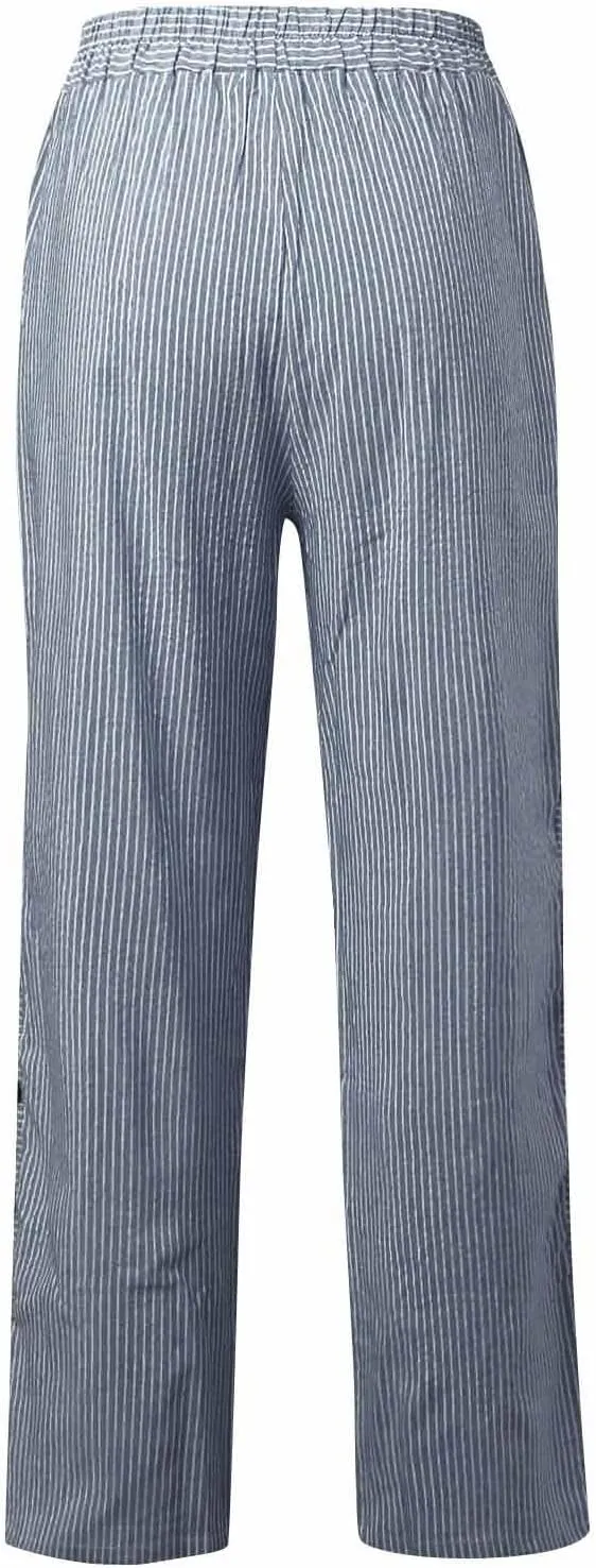 Cotton Linen Pants for Women Casual Straight Leg Elastic Waist Trousers Stripe Print Beach Lounge with Pockets