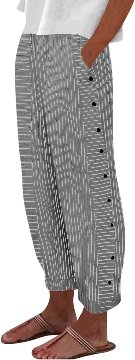 Cotton Linen Pants for Women Casual Straight Leg Elastic Waist Trousers Stripe Print Beach Lounge with Pockets
