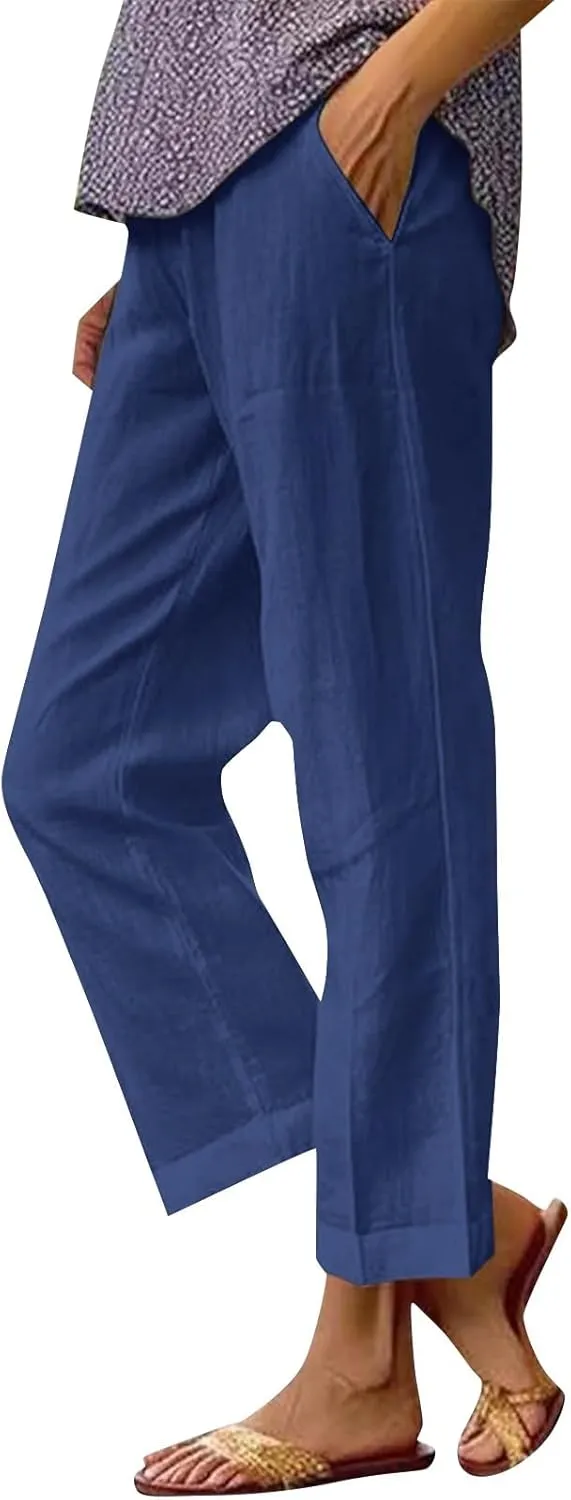 Cotton Linen Pants for Women Summer Boho Plus Size Elastic Waist Casual Loose Beach Straight Leg Trouser with Pockets