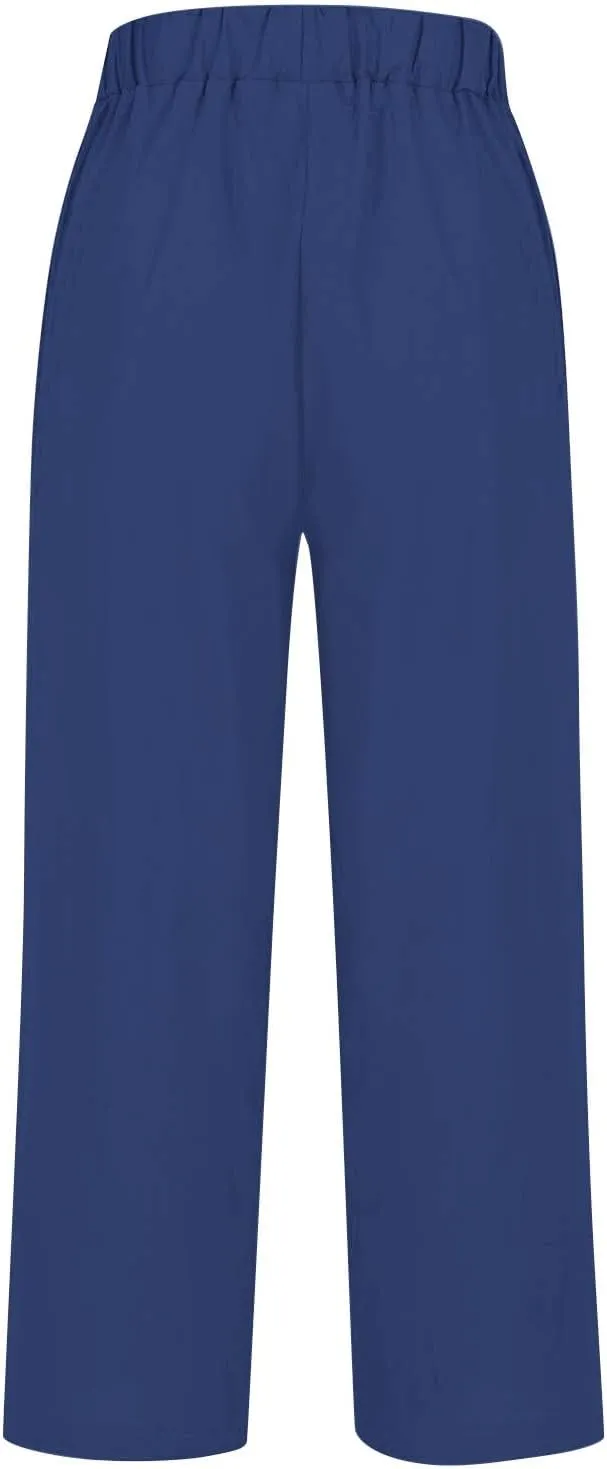 Cotton Linen Pants for Women Summer Boho Plus Size Elastic Waist Casual Loose Beach Straight Leg Trouser with Pockets