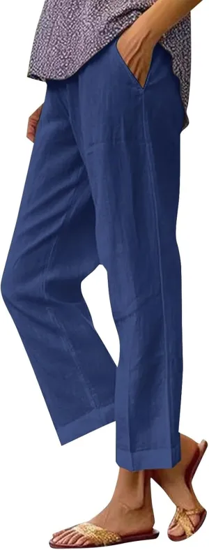 Cotton Linen Pants for Women Summer Boho Plus Size Elastic Waist Casual Loose Beach Straight Leg Trouser with Pockets