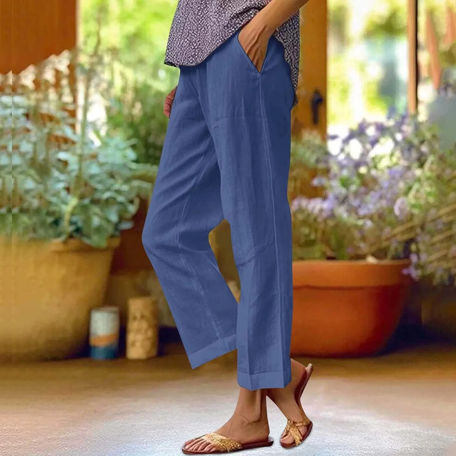 Cotton Linen Pants for Women Summer Boho Plus Size Elastic Waist Casual Loose Beach Straight Leg Trouser with Pockets
