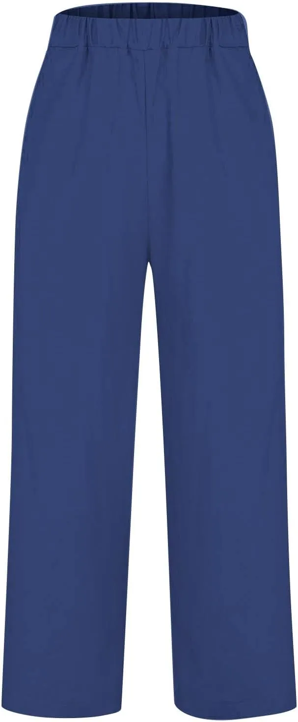 Cotton Linen Pants for Women Summer Boho Plus Size Elastic Waist Casual Loose Beach Straight Leg Trouser with Pockets