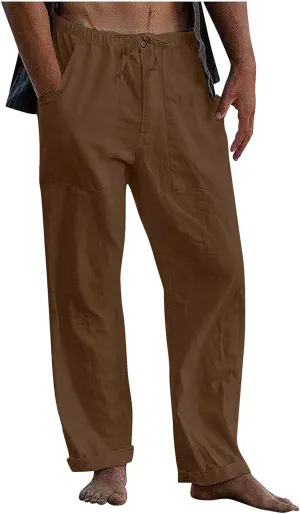 Cotton Linen Pants Men Plus Size Summer Beach Linen Pants Drawstring Elastic Waist Comfy Palazzo Pants with Pockets