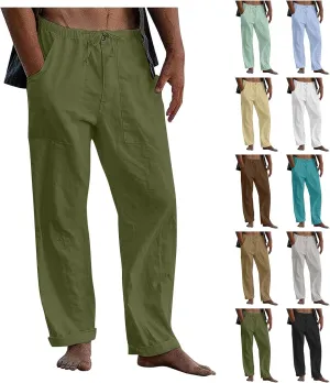 Cotton Linen Pants Men Plus Size Summer Beach Linen Pants Drawstring Elastic Waist Comfy Palazzo Pants with Pockets