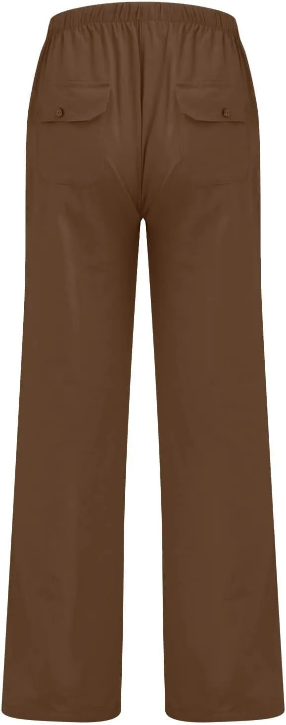 Cotton Linen Pants Men Plus Size Summer Beach Linen Pants Drawstring Elastic Waist Comfy Palazzo Pants with Pockets