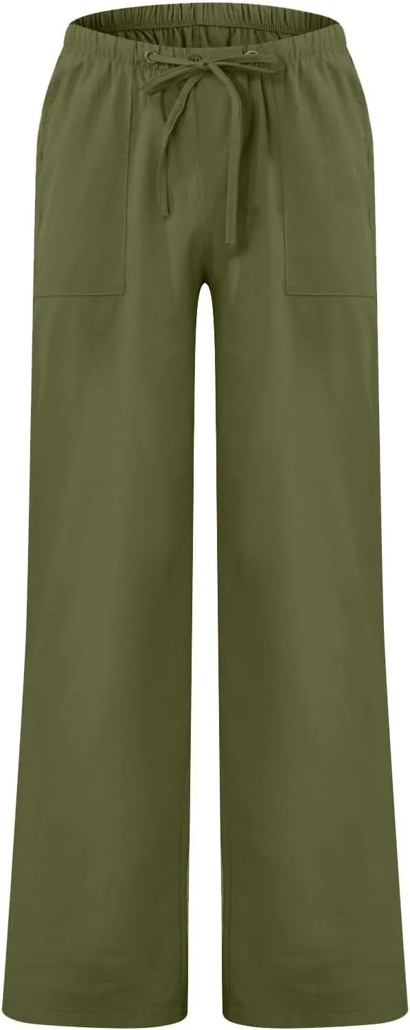 Cotton Linen Pants Men Plus Size Summer Beach Linen Pants Drawstring Elastic Waist Comfy Palazzo Pants with Pockets