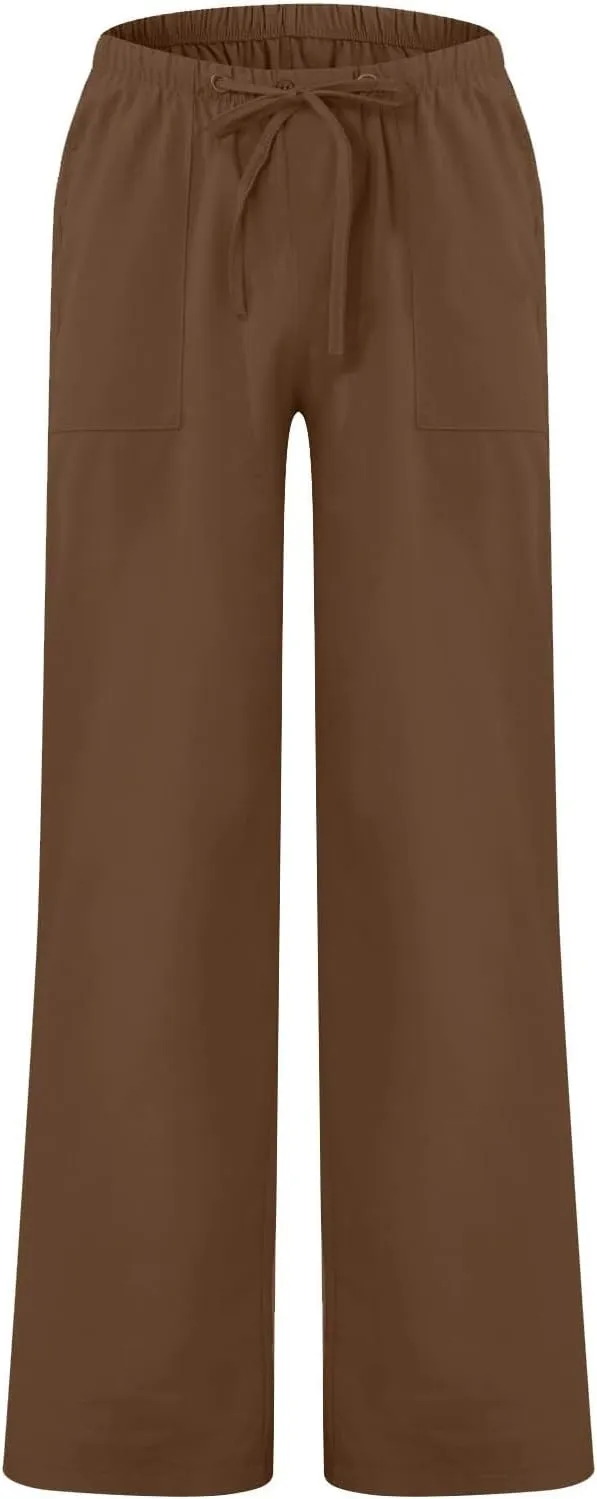 Cotton Linen Pants Men Plus Size Summer Beach Linen Pants Drawstring Elastic Waist Comfy Palazzo Pants with Pockets