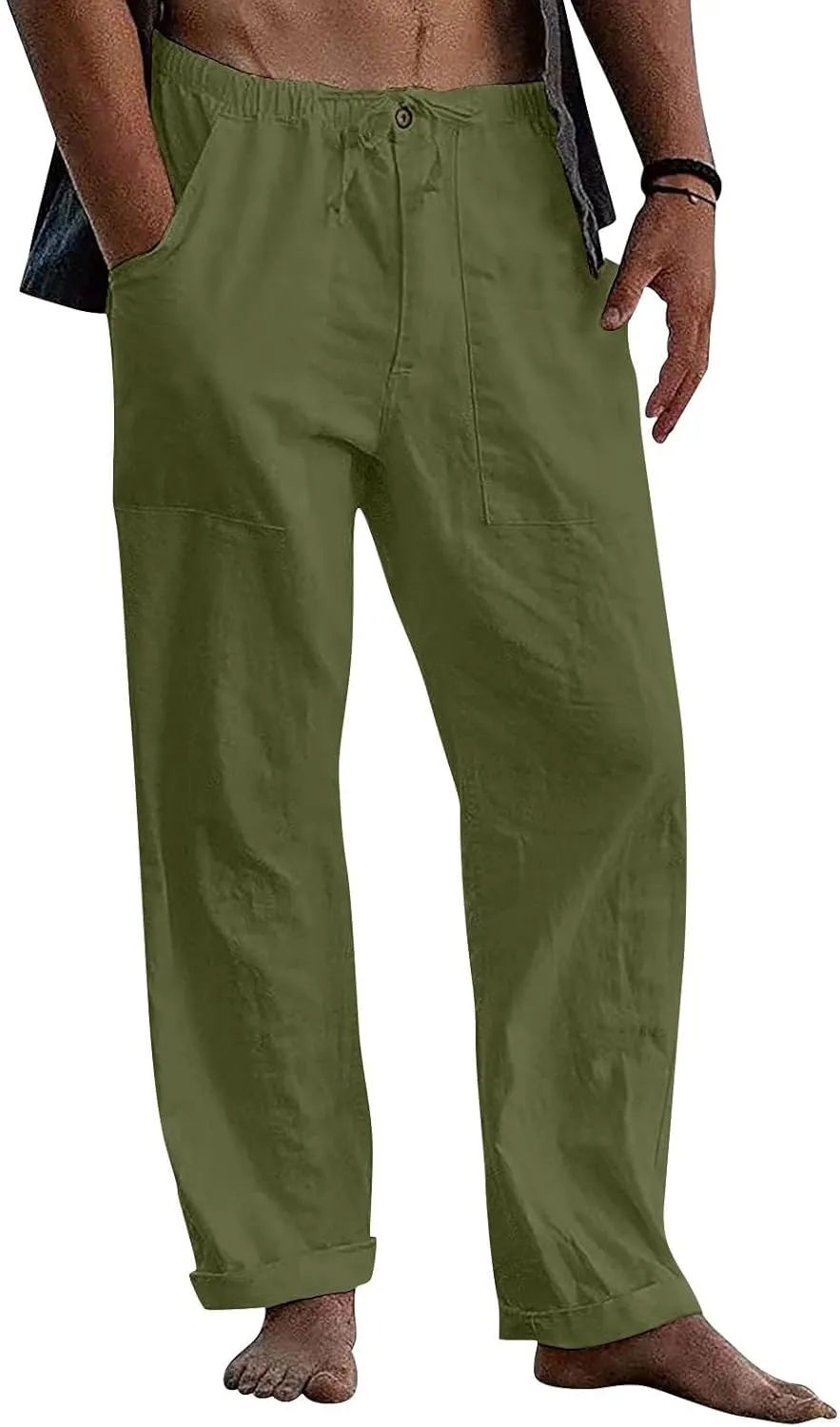 Cotton Linen Pants Men Plus Size Summer Beach Linen Pants Drawstring Elastic Waist Comfy Palazzo Pants with Pockets
