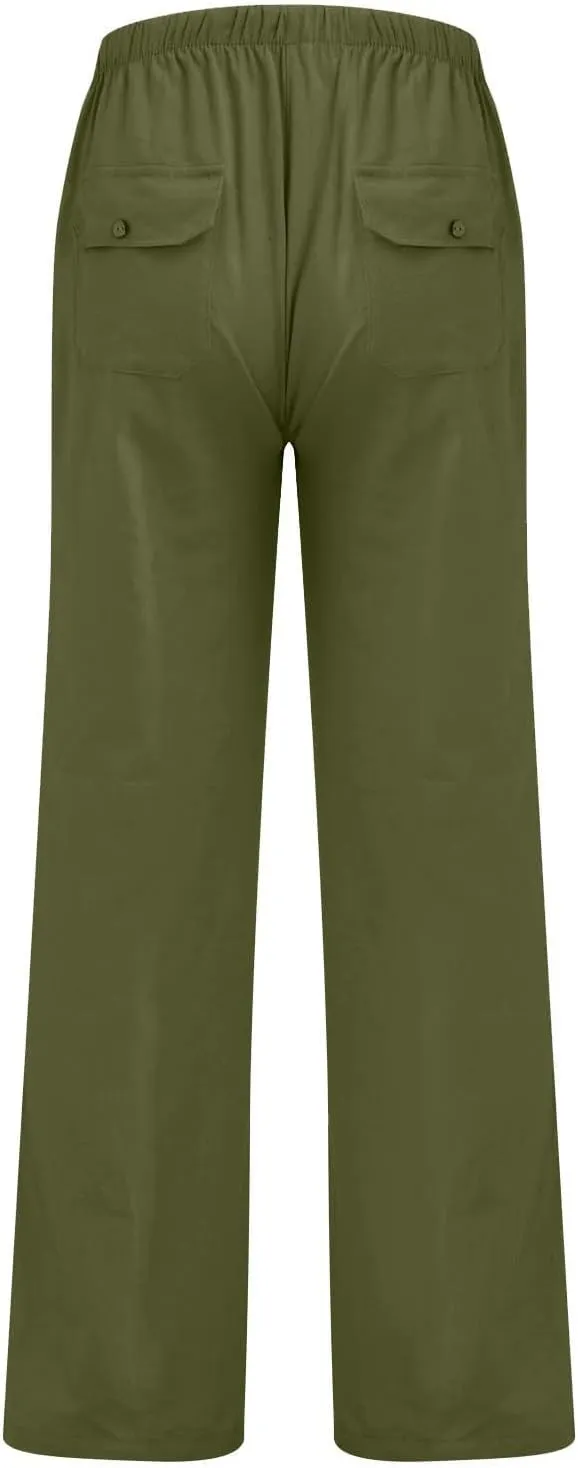 Cotton Linen Pants Men Plus Size Summer Beach Linen Pants Drawstring Elastic Waist Comfy Palazzo Pants with Pockets