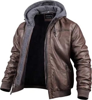 CREATMO US Men's Faux Leather Jacket Motorcycle Jacket Waterproof Windproof PU Moto Vintage Bomber Hoodie with Removable Hood