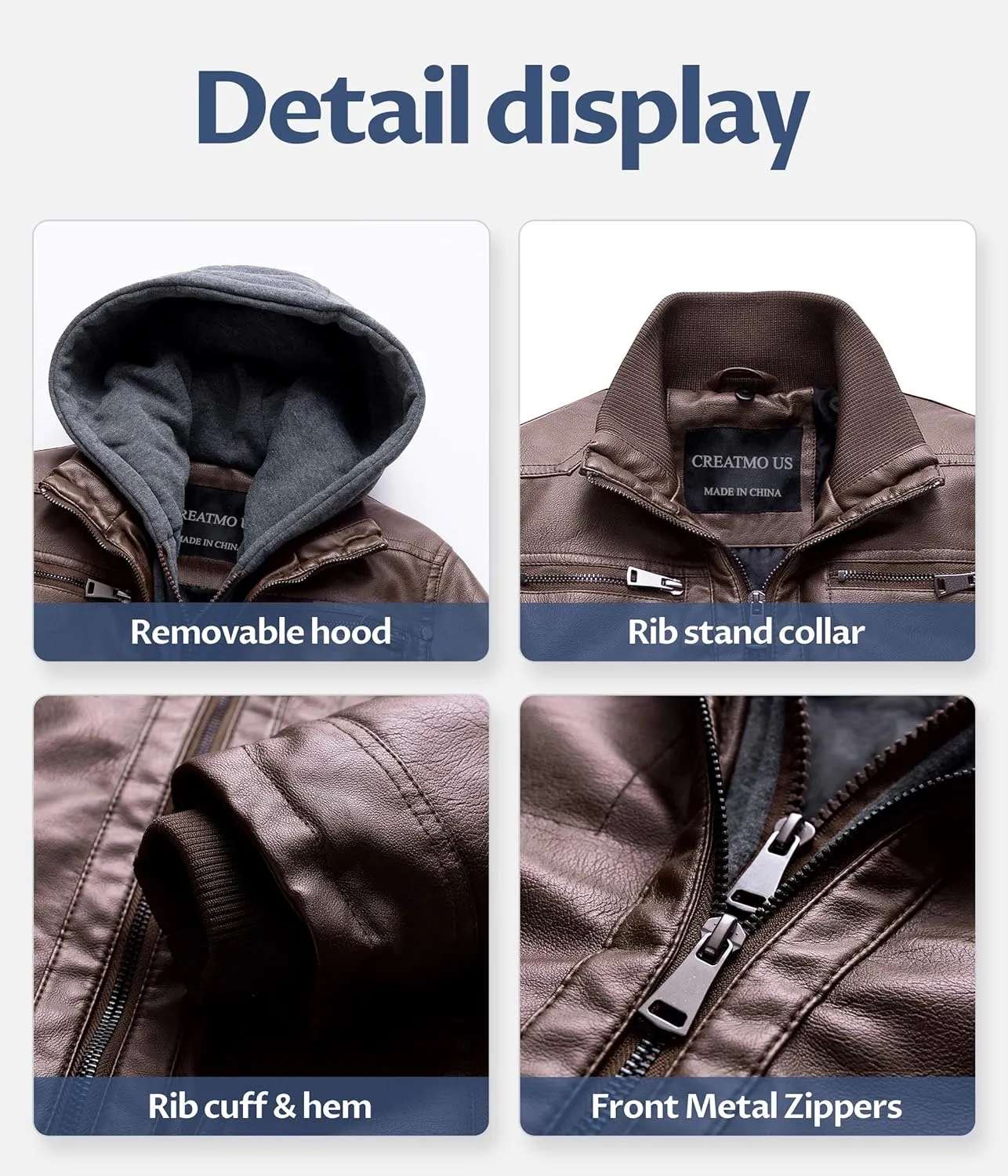 CREATMO US Men's Faux Leather Jacket Motorcycle Jacket Waterproof Windproof PU Moto Vintage Bomber Hoodie with Removable Hood