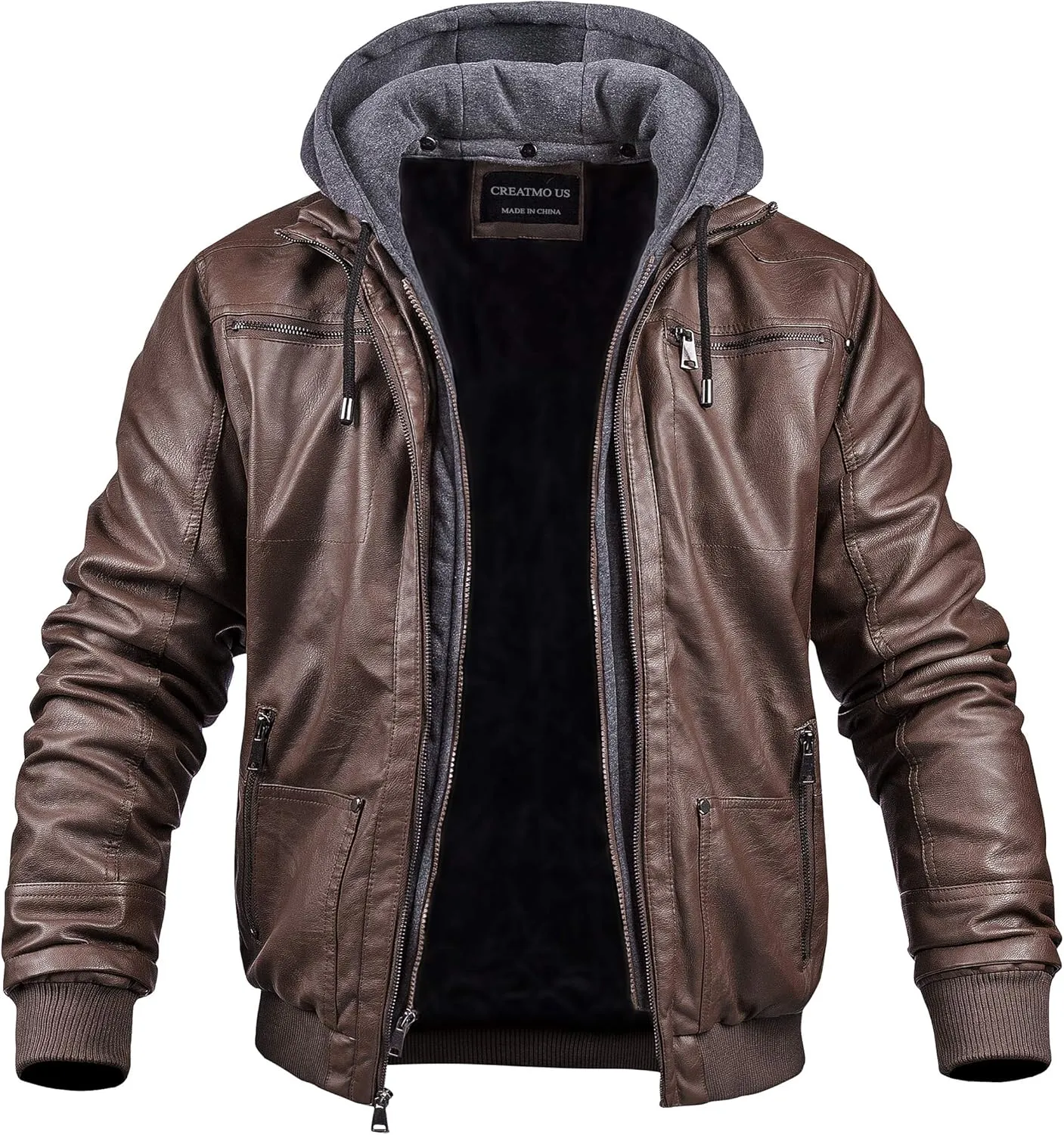 CREATMO US Men's Faux Leather Jacket Motorcycle Jacket Waterproof Windproof PU Moto Vintage Bomber Hoodie with Removable Hood