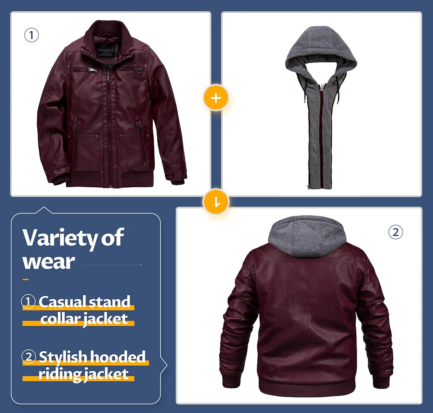 CREATMO US Men's Faux Leather Jacket Motorcycle Jacket Waterproof Windproof PU Moto Vintage Bomber Hoodie with Removable Hood