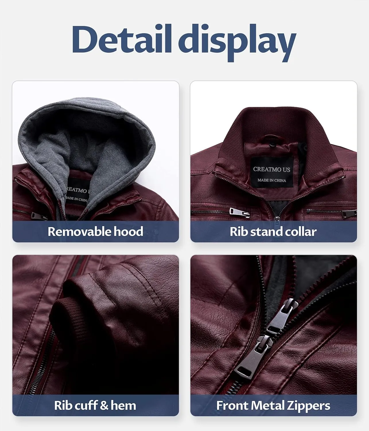 CREATMO US Men's Faux Leather Jacket Motorcycle Jacket Waterproof Windproof PU Moto Vintage Bomber Hoodie with Removable Hood