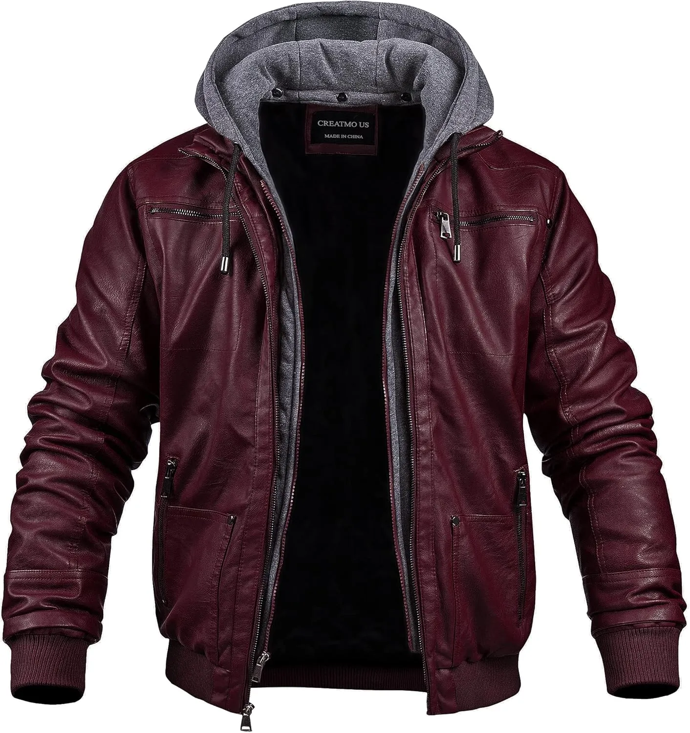 CREATMO US Men's Faux Leather Jacket Motorcycle Jacket Waterproof Windproof PU Moto Vintage Bomber Hoodie with Removable Hood
