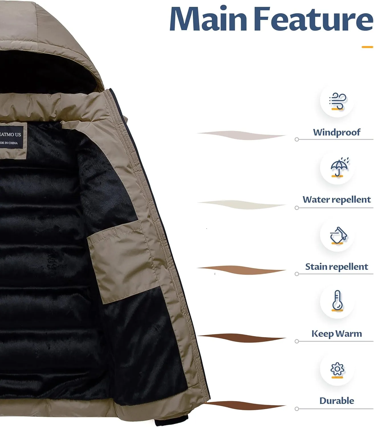 CREATMO US Men's Puffer Jacket Waterproof Winter Parka jacket Warm Thicken Ski Coat