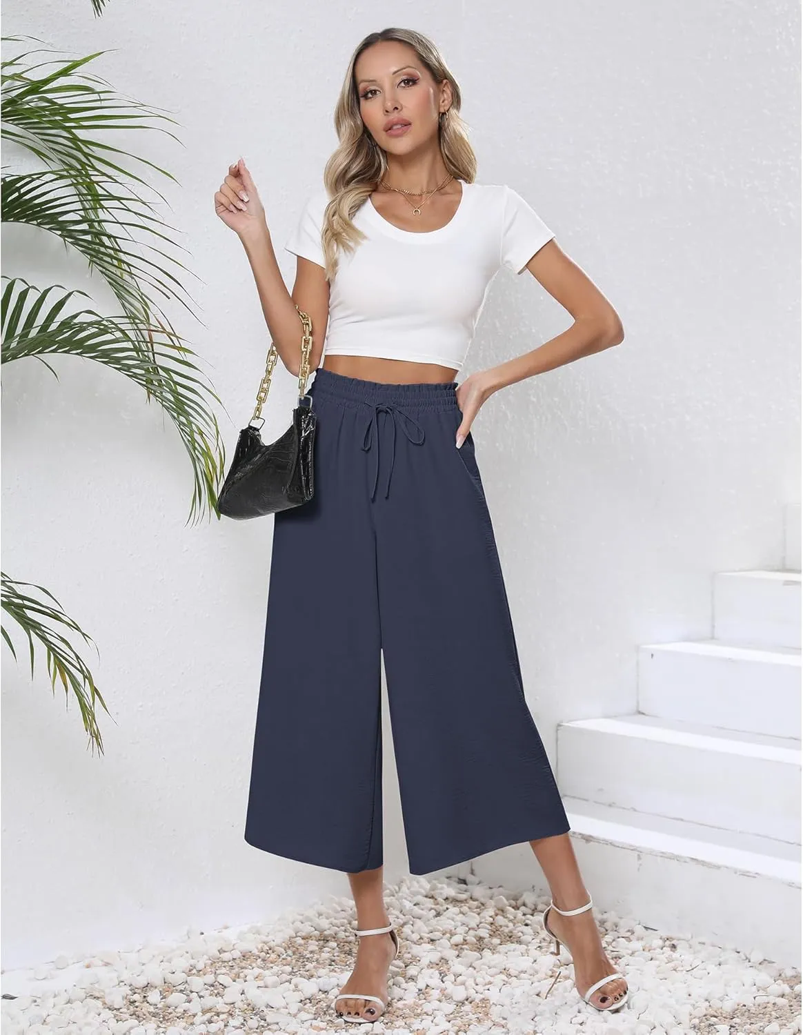 CZYINXIAN Womens Flowy Wide Leg Pants Casual Summer Beach Elastic Waist Trousers Trendy Business Work Pants with Pockets