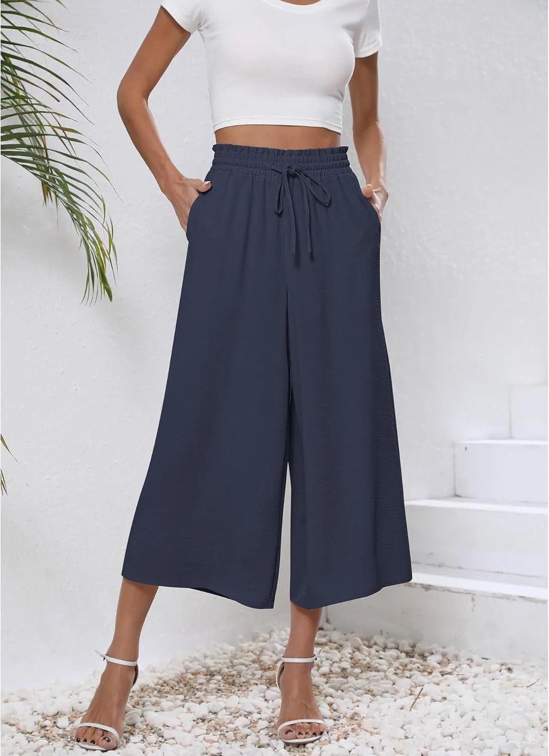 CZYINXIAN Womens Flowy Wide Leg Pants Casual Summer Beach Elastic Waist Trousers Trendy Business Work Pants with Pockets