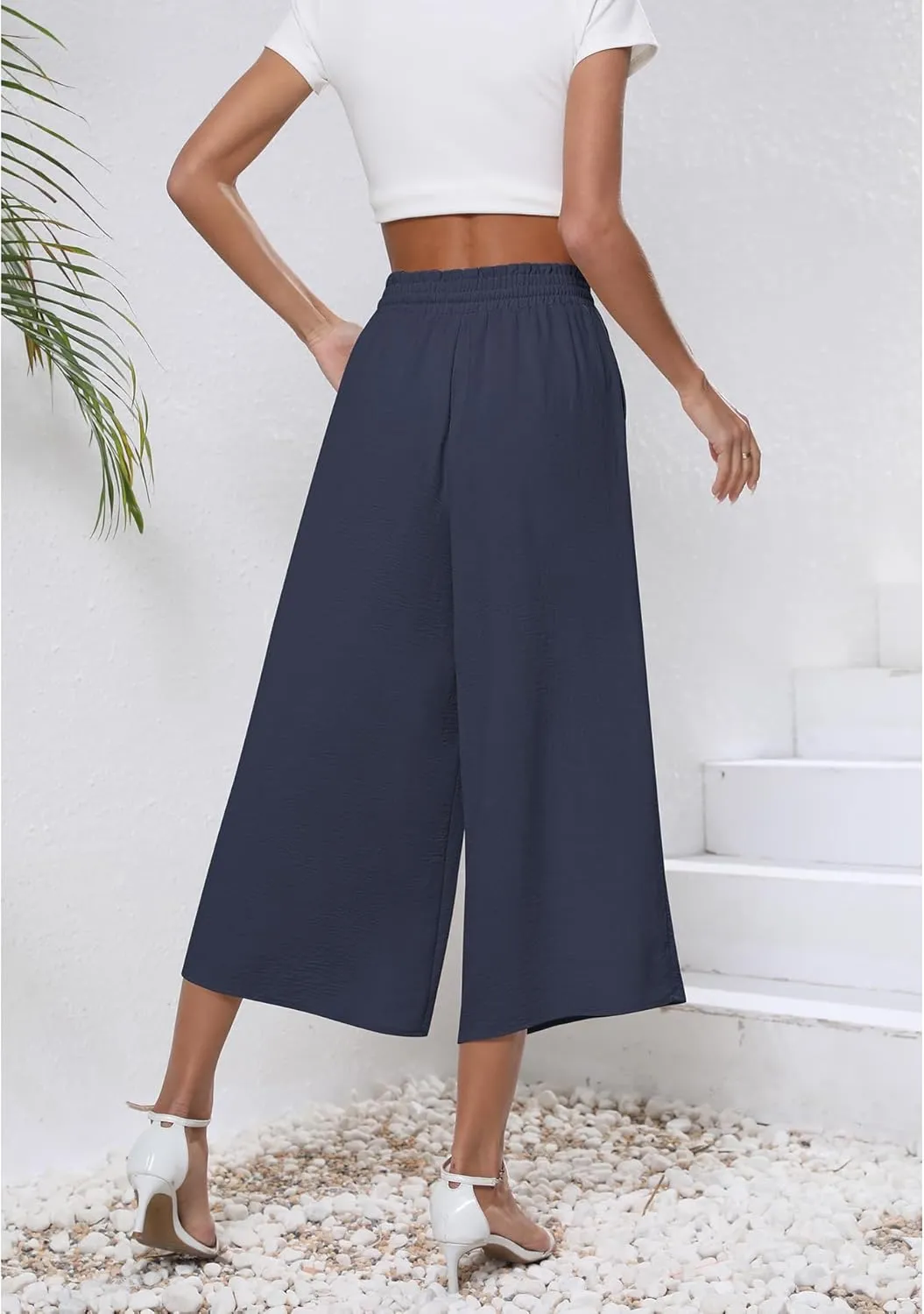 CZYINXIAN Womens Flowy Wide Leg Pants Casual Summer Beach Elastic Waist Trousers Trendy Business Work Pants with Pockets