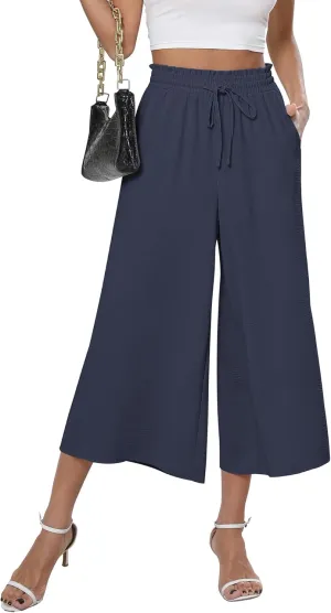 CZYINXIAN Womens Flowy Wide Leg Pants Casual Summer Beach Elastic Waist Trousers Trendy Business Work Pants with Pockets