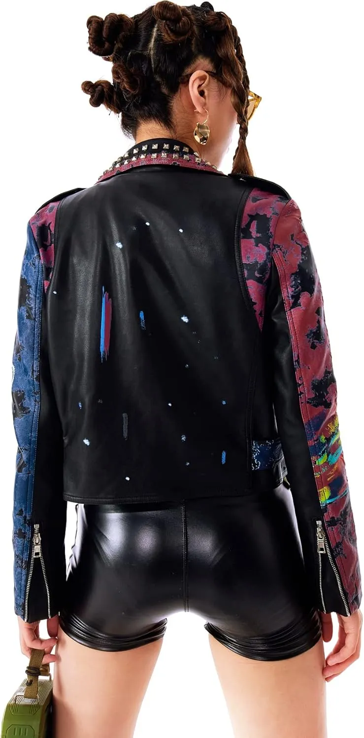 DARKSHE Women's Faux Leather PU Jacket, Graffiti Studded Rivet Punk Biker Moto Fashion Coat with Long Sleeve