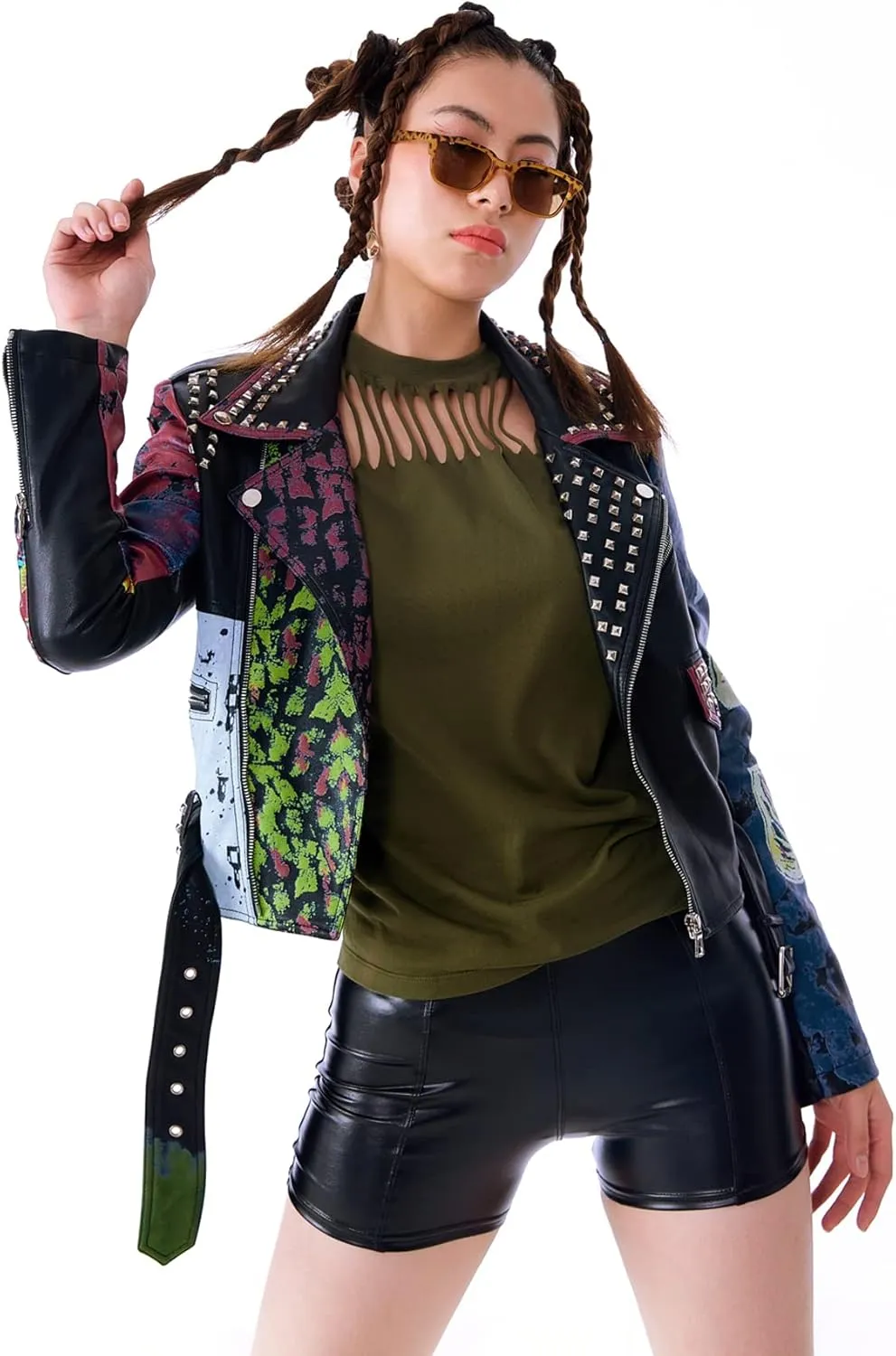 DARKSHE Women's Faux Leather PU Jacket, Graffiti Studded Rivet Punk Biker Moto Fashion Coat with Long Sleeve
