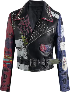DARKSHE Women's Faux Leather PU Jacket, Graffiti Studded Rivet Punk Biker Moto Fashion Coat with Long Sleeve