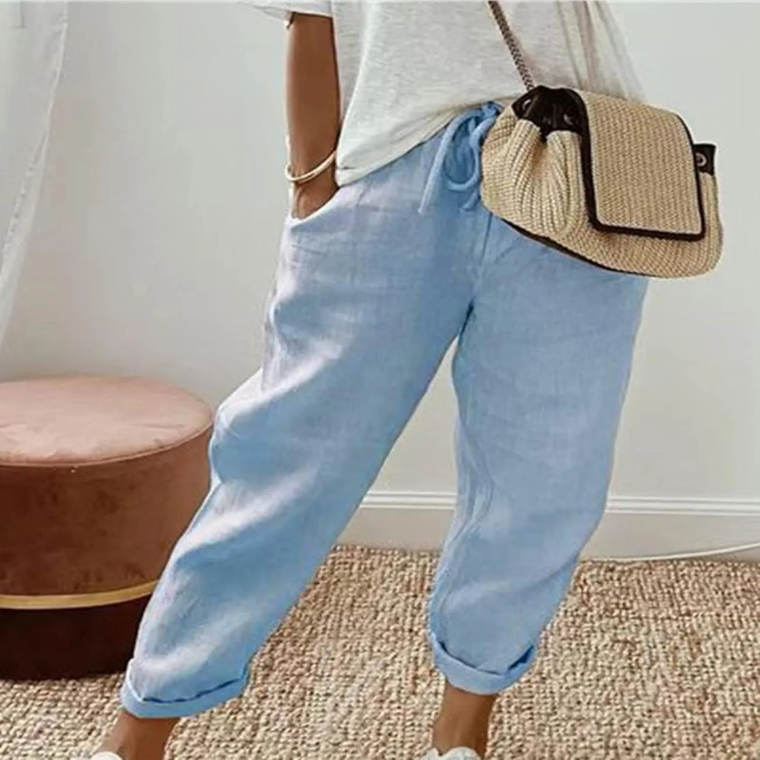 DASAYO Linen Pants Women Trendy Drawstring Elastic Waist Straight Leg Trousers Lightweight Comfy Besch Pants Summer Clothes