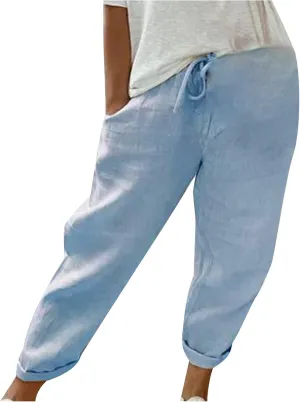 DASAYO Linen Pants Women Trendy Drawstring Elastic Waist Straight Leg Trousers Lightweight Comfy Besch Pants Summer Clothes