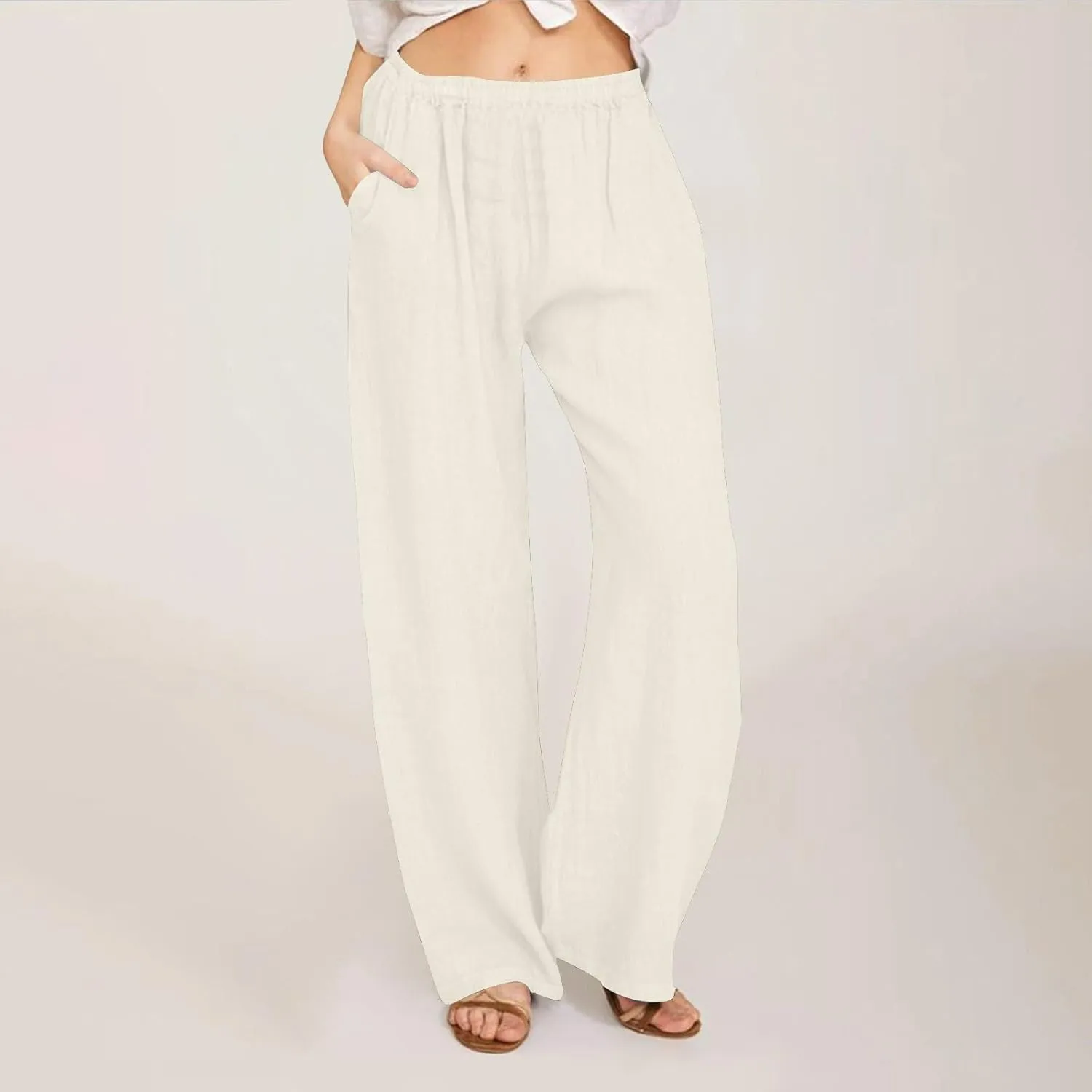 DASAYO Women's Summer Elastic Waist Cotton Linen Wide Leg Trousers Casual Loose Lounge Beach Palazzo Pants with Pockets