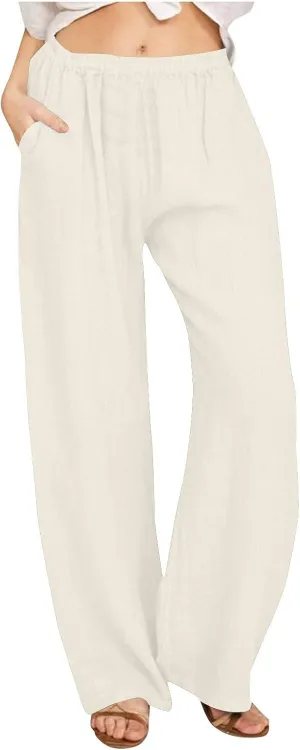 DASAYO Women's Summer Elastic Waist Cotton Linen Wide Leg Trousers Casual Loose Lounge Beach Palazzo Pants with Pockets