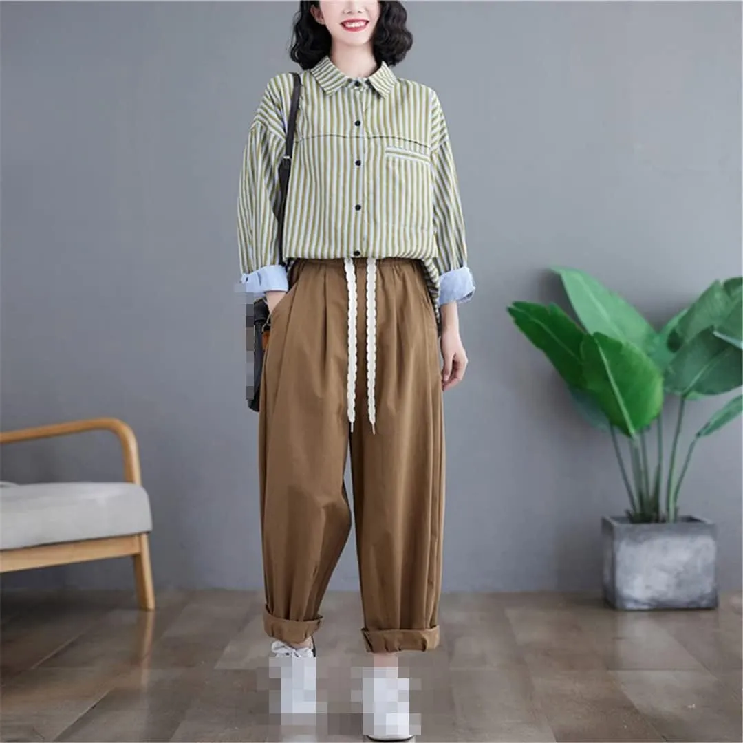 Deepsko Women's Summer Korean Style Cotton Loose Elastic Waist Harem Pants