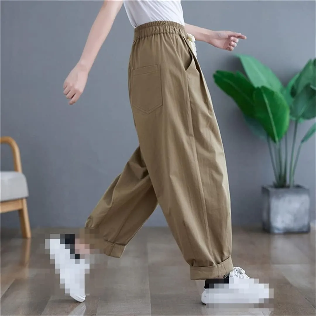 Deepsko Women's Summer Korean Style Cotton Loose Elastic Waist Harem Pants