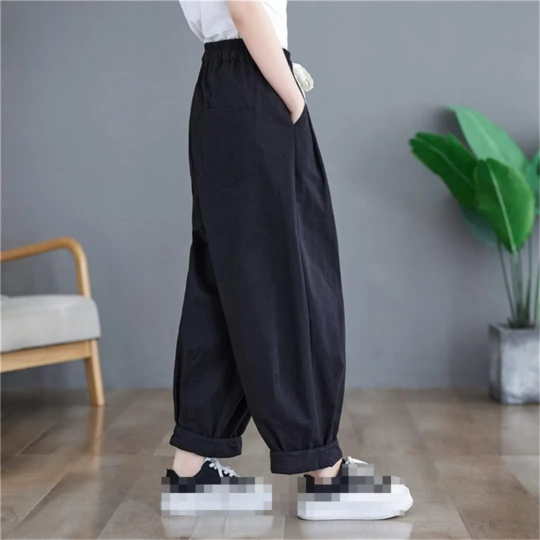 Deepsko Women's Summer Korean Style Cotton Loose Elastic Waist Harem Pants